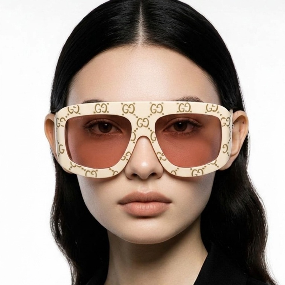 New Authentic Gucci Cream Sunglasses with Orange Lenses GG0983S 001